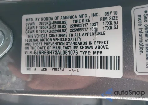 2010 Honda Cr-V Ex-L z USA, uszkodzony, nr VIN 5J6RE3H73AL051076